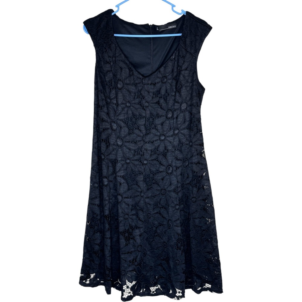 Chetta B Lace Dress Women Size 14 Black Floral V-Neck Sleeveless Fit & Flare LBD
